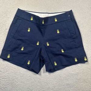 J.Crew Pineapple Embroidered Shorts Womens 00 Navy Blue Chino Tropical Summer